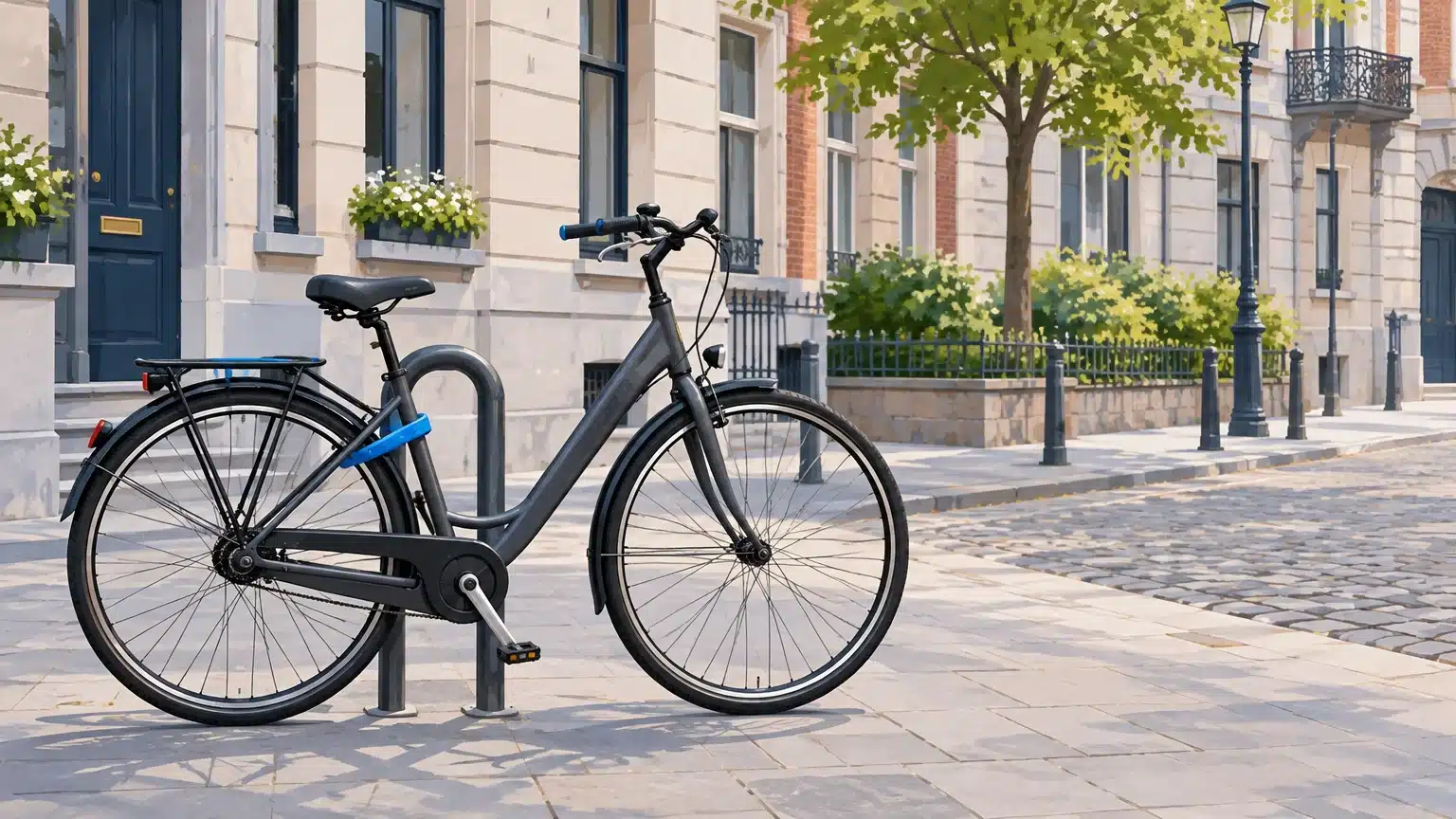 Vélo de ville stationné dans une rue calme à Bruxelles