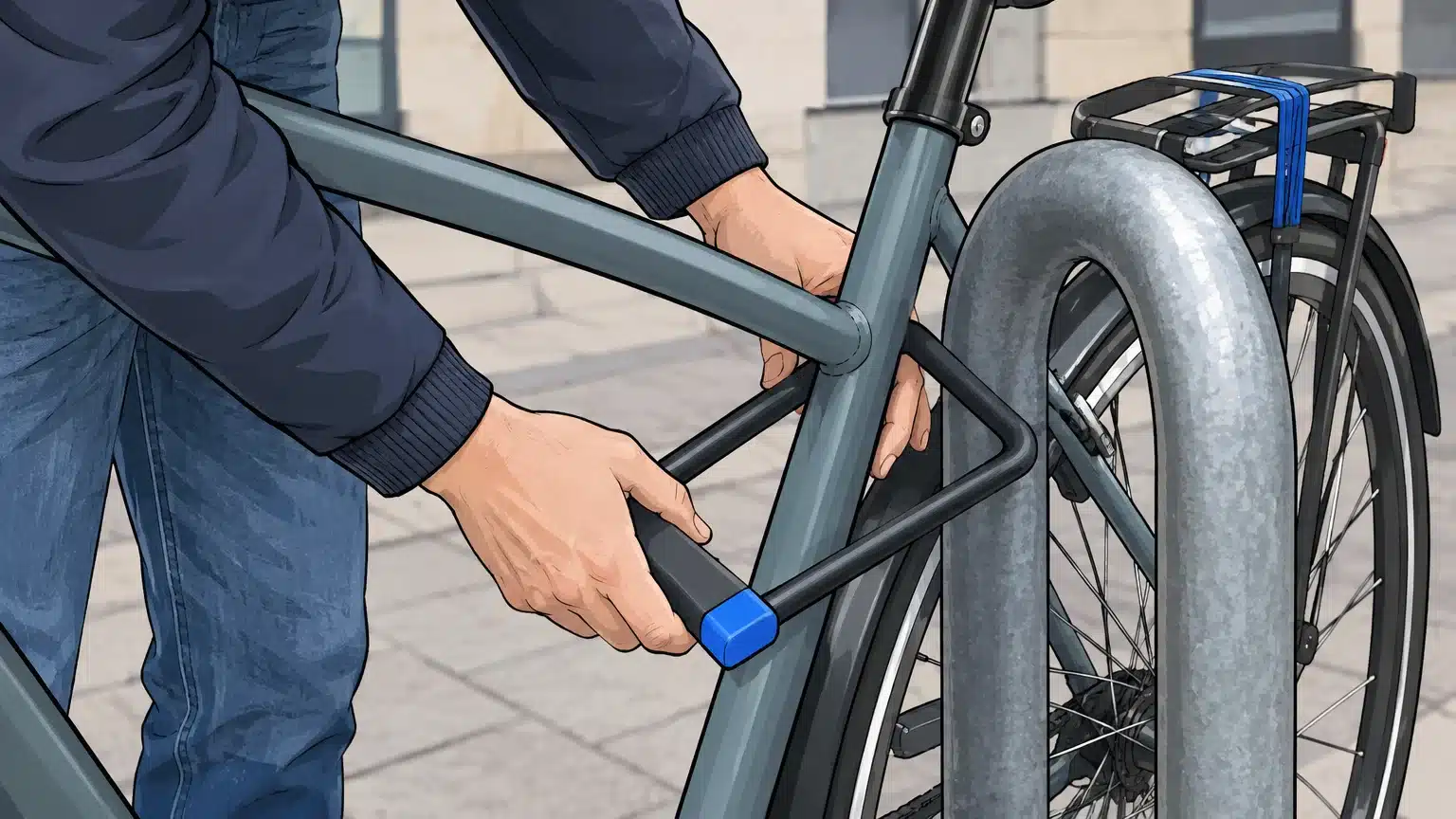 Vélo correctement attaché à un arceau fixe avec un antivol en U