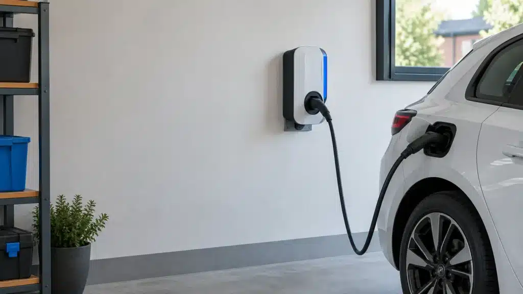 Borne de recharge fixe installée dans le garage d’une habitation