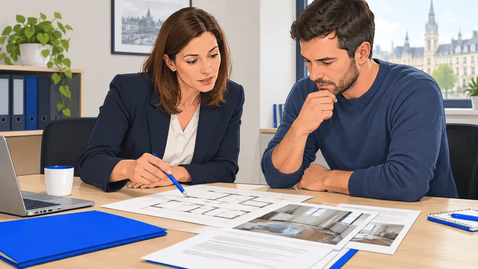 Un courtier et un client examinent un dossier d’assurance habitation après un dégât des eaux