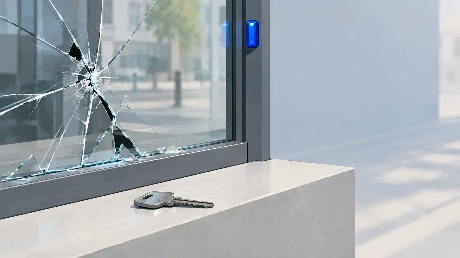 Détail d’une vitrine endommagée évoquant les dégâts après une manifestation