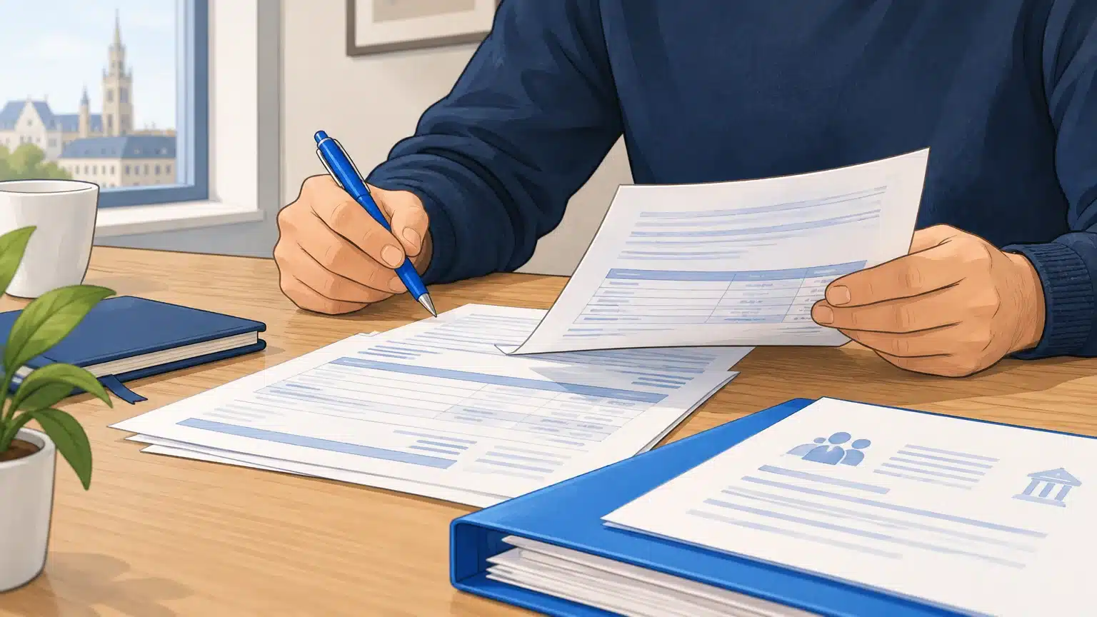 Un indépendant examine ses documents de cotisation et de pension