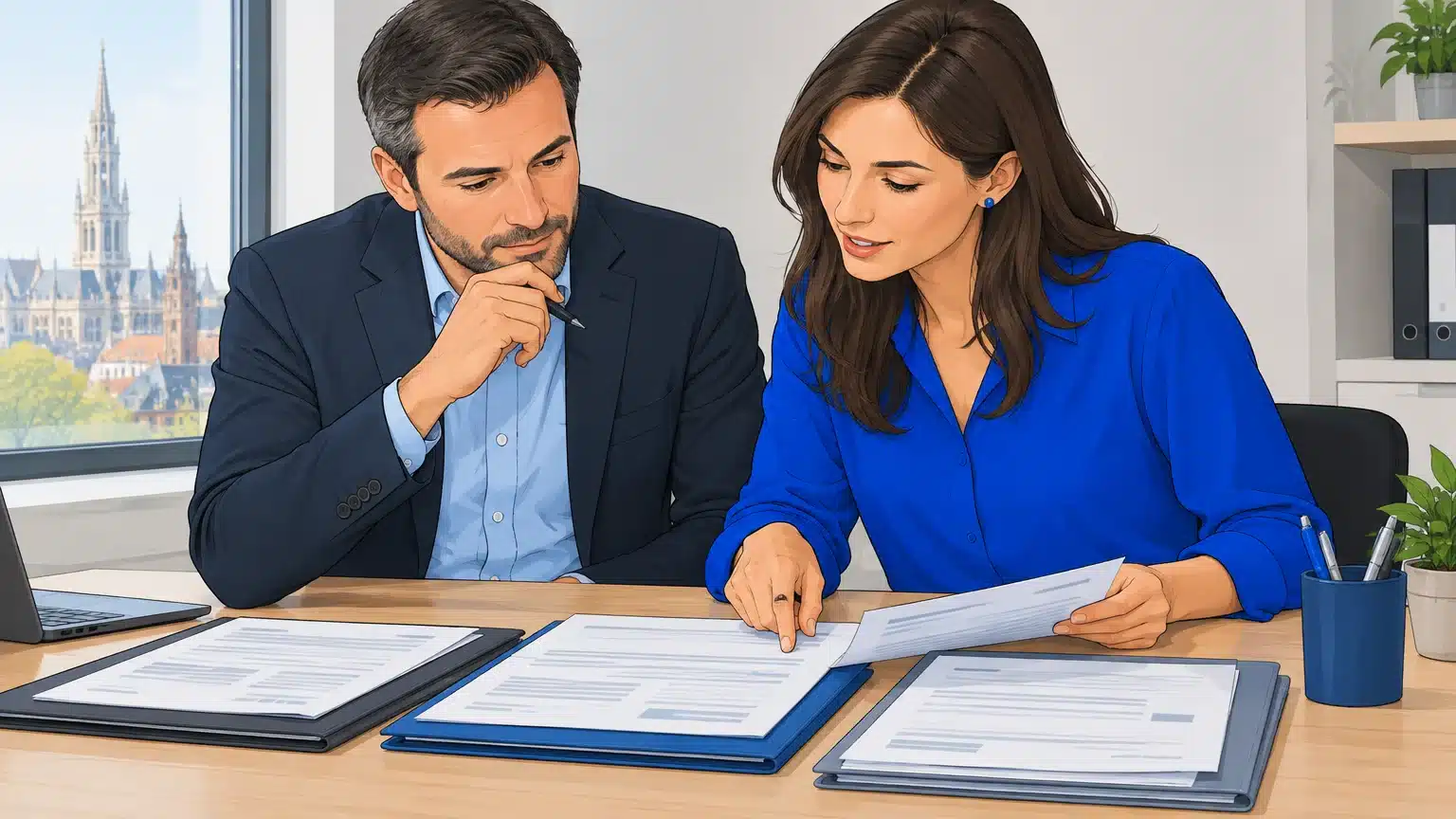 Un client examine plusieurs propositions d’assurance avec une conseillère