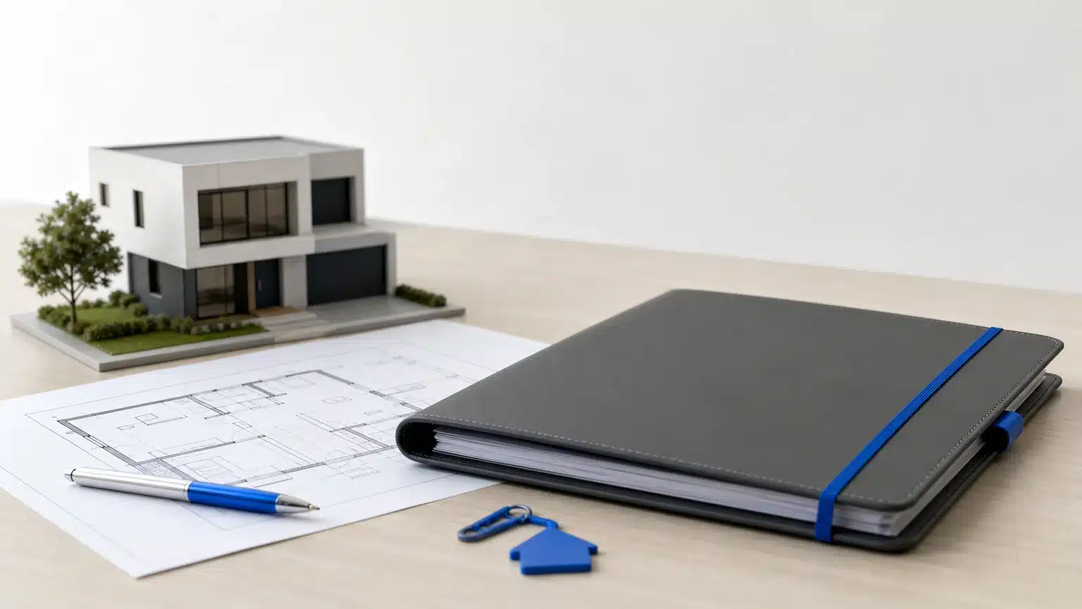 Projet immobilier et contrat EIP représentés par une maquette de maison et un dossier