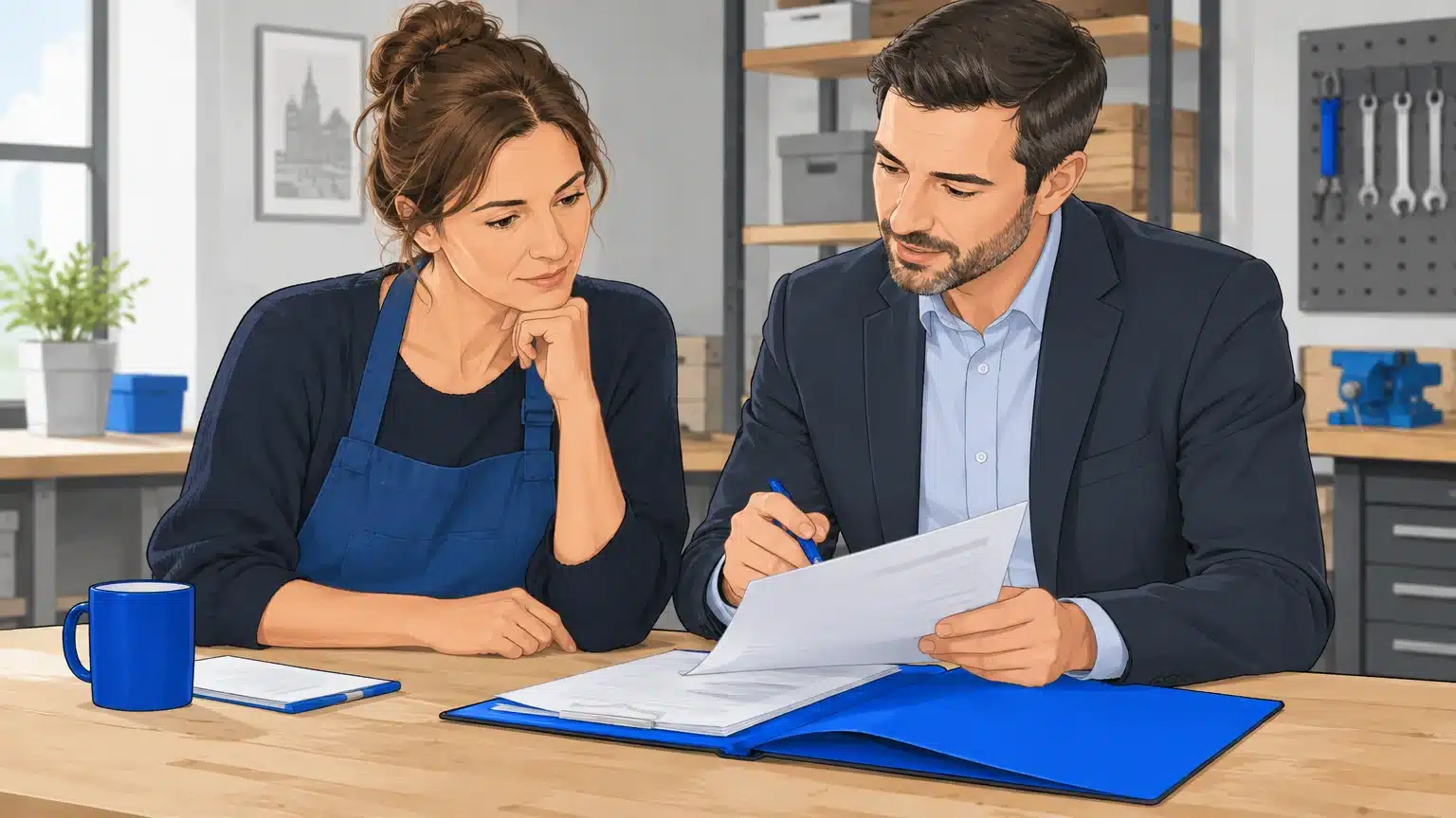 Échange entre une dirigeante de PME et un conseiller au sujet d’un dossier de sinistre