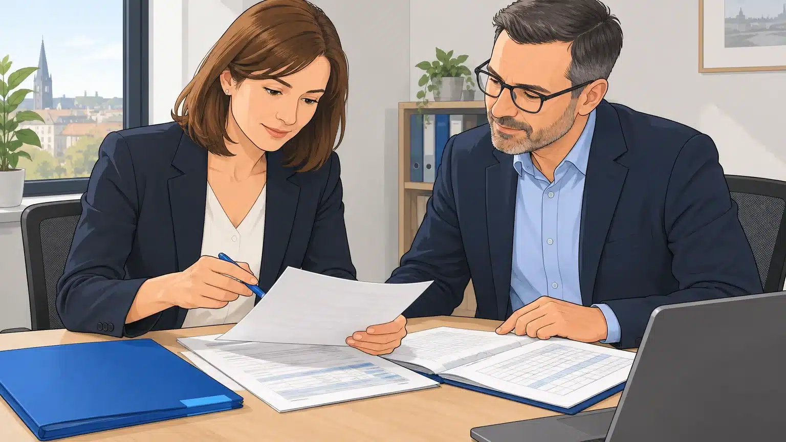 Une responsable et un gestionnaire examinent le dossier du personnel d’une PME