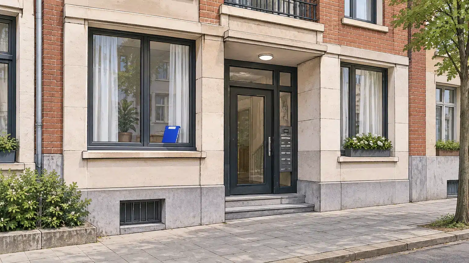 Façade et entrée commune d’un immeuble résidentiel à Bruxelles