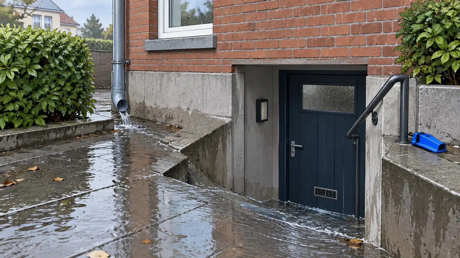 Eau de ruissellement près de l’entrée d’une cave après une forte pluie