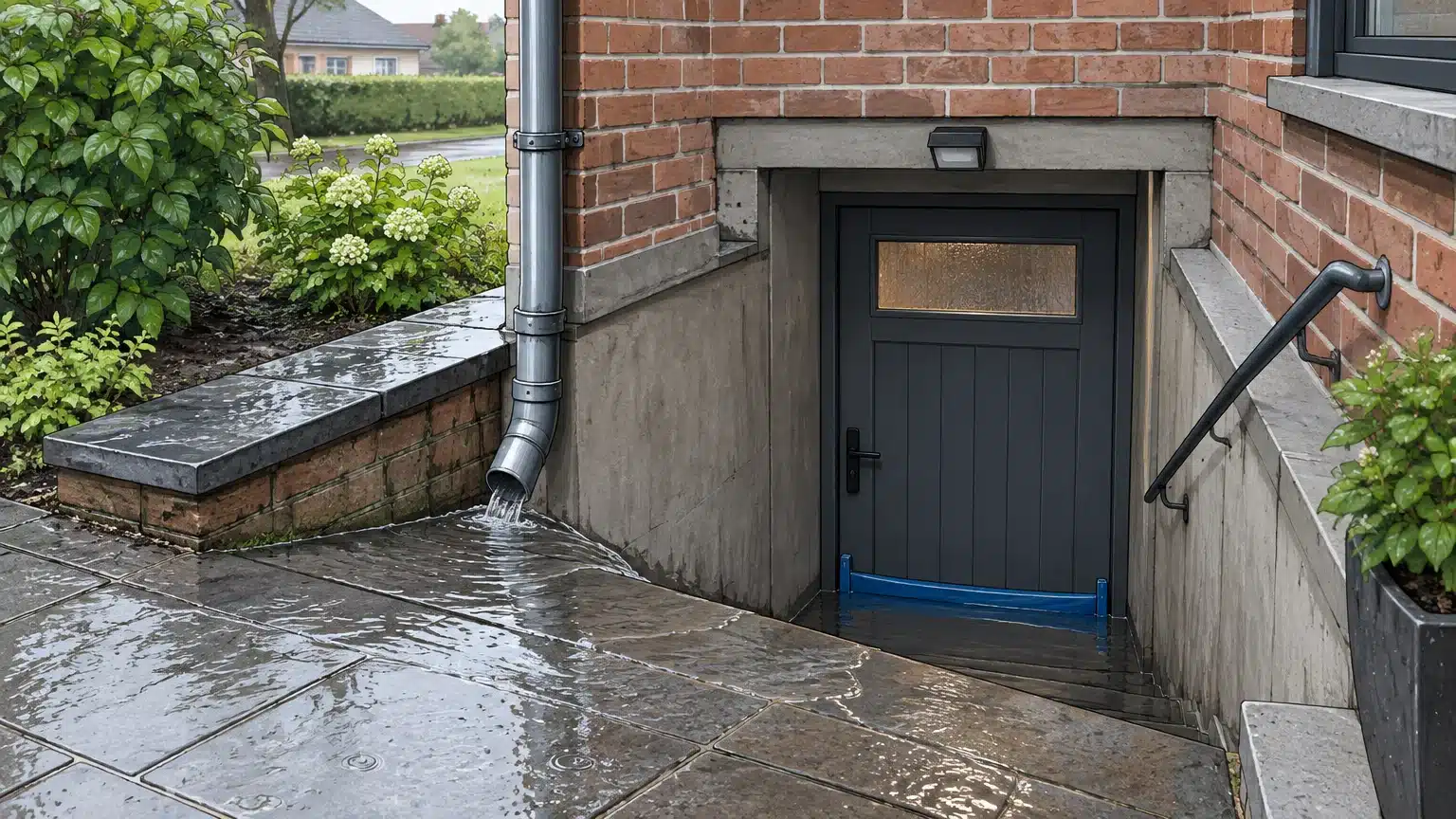 Eau de ruissellement près de l’entrée d’une cave après une forte pluie