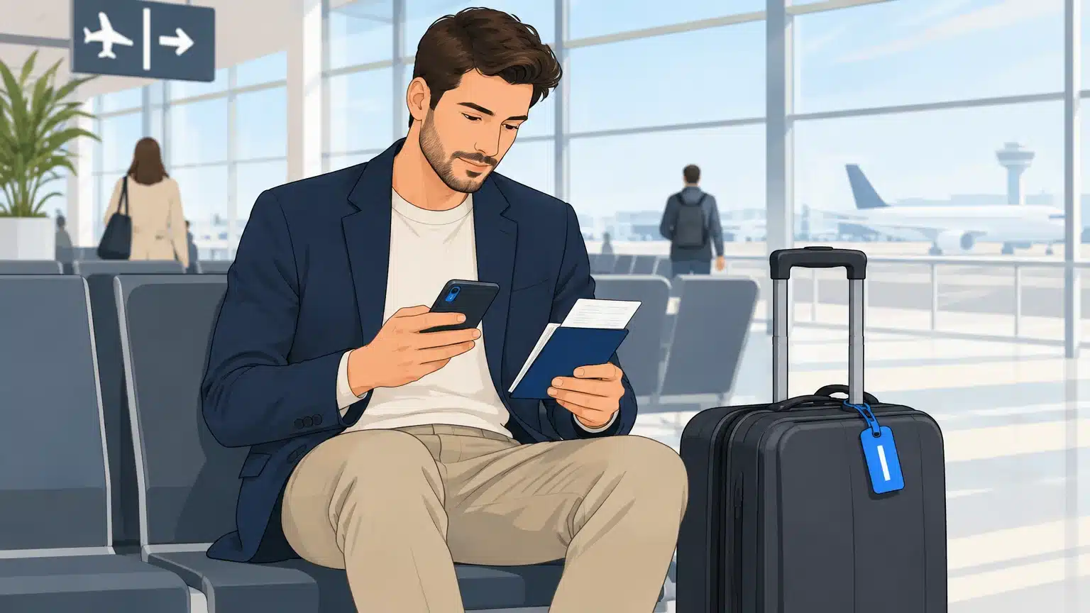 Voyageur vérifiant ses documents avant le départ